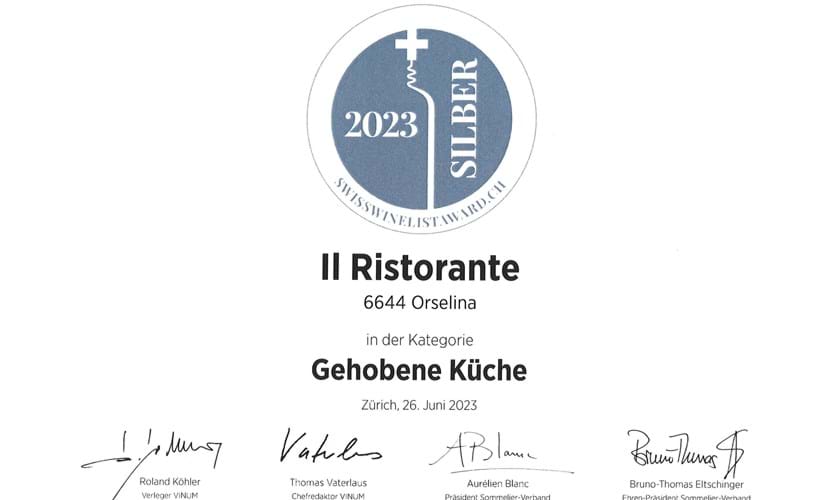 Swiss Wine List Award für "Il Ristorante" in Villa Orselina!